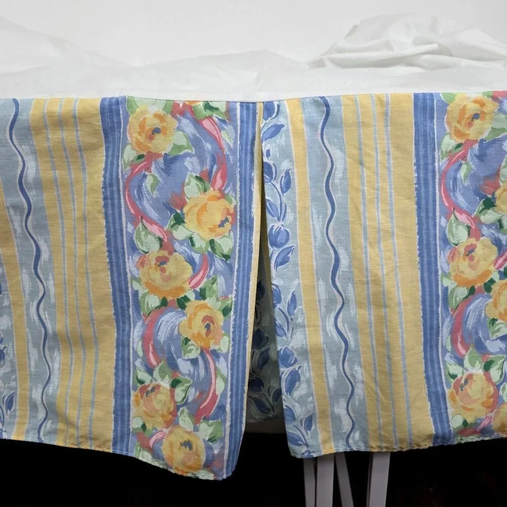 Vintage Croscill Fiesta Bed Skirt Queen Size Floral Striped Yellow Blue Roses